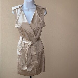 MNG Suit Sleeveless V-Neck Beige Trench Button Up Midi Dress Women’s Size 4
